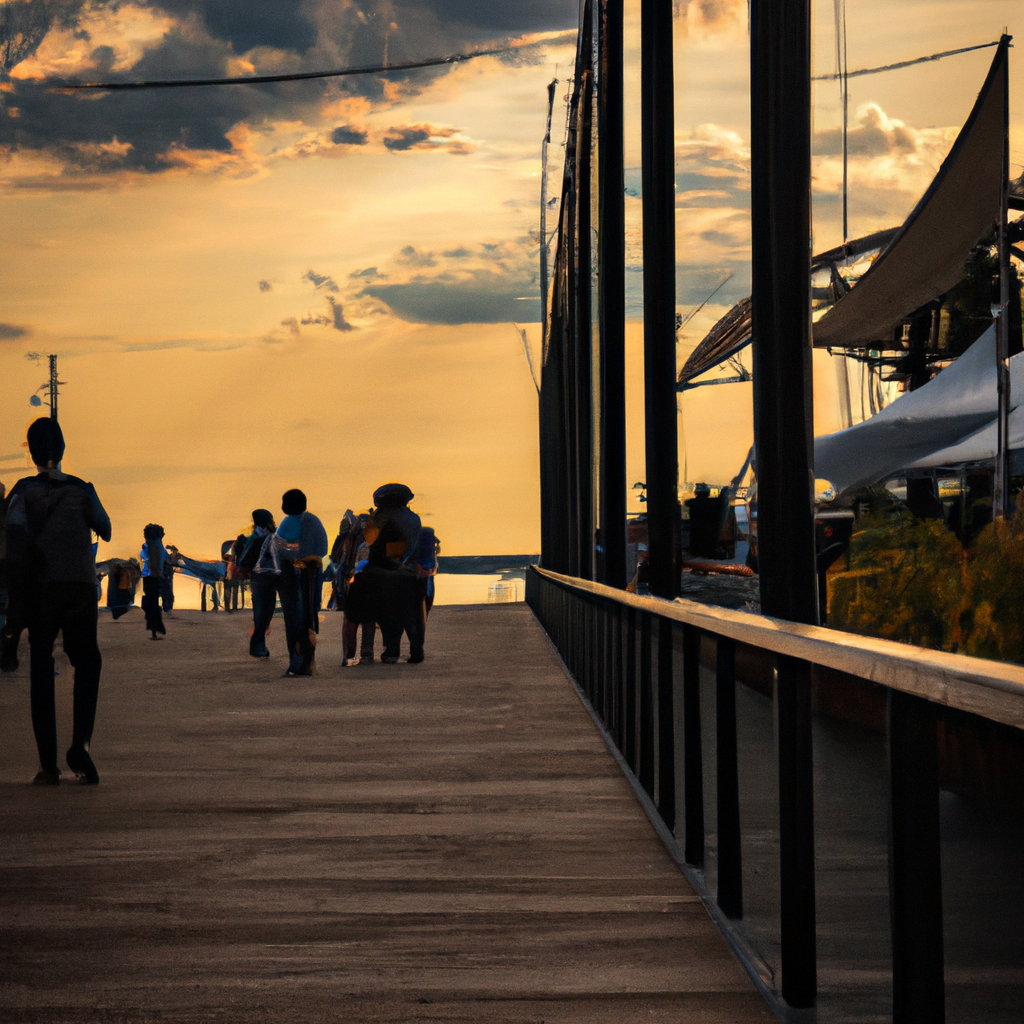 Harbourfront boardwalk in Toronto at golden hour with people walking